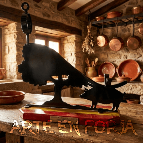 Jamonero de forja dehesa con chasis de hierro negro, motivo ibérico recortado y base de madera maciza de pino.