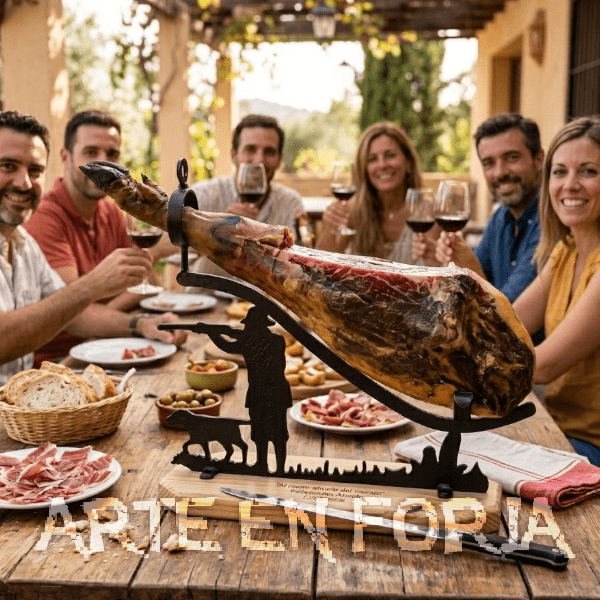 Jamonero de forja cazador1 con silueta de cazador en hierro negro y base de madera maciza de pino.
