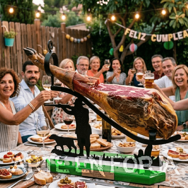 Jamonero de forja cazador1 con silueta de cazador en hierro negro y base de madera maciza de pino.