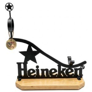 Jamonero de forja y madera Mod. HEINEKEN de ARTE EN FORJA, con logotipo cervecero adaptado en hierro y base de pino macizo.