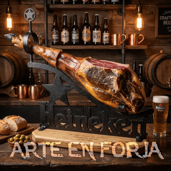 Jamonero de forja y madera Mod. HEINEKEN de ARTE EN FORJA, con logotipo cervecero adaptado en hierro y base de pino macizo.