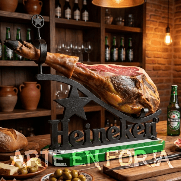 Jamonero de forja y madera Mod. HEINEKEN de ARTE EN FORJA, con logotipo cervecero adaptado en hierro y base de pino macizo.