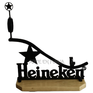 Jamonero de forja y madera Mod. HEINEKEN de ARTE EN FORJA, con logotipo cervecero adaptado en hierro y base de pino macizo.