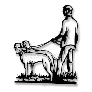 Figura de galguero de forja con la silueta de un hombre paseando dos galgos en hierro negro para pared y cancelas.