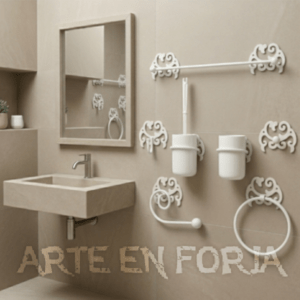 Juego de accesorios de baño de hierro forjado diseño Tribal de Arte en Forja.