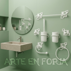 Juego de accesorios de baño de hierro forjado modelo Cuadros de Arte en Forja.