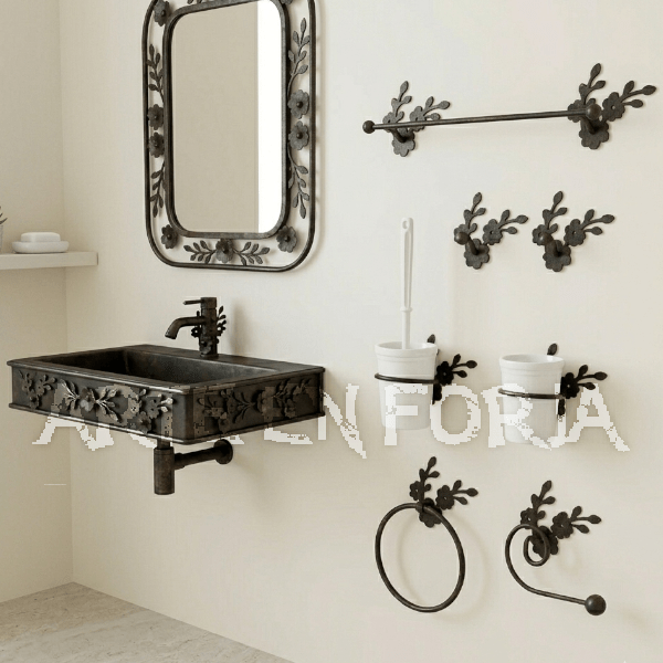 Juego de accesorios de baño en hierro forjado modelo Florecillas de Arte en Forja.
