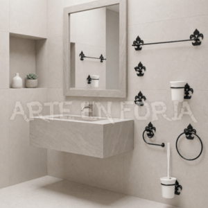 Juego de accesorios de baño de hierro forjado modelo Flor de Lis 2 de Arte en Forja.