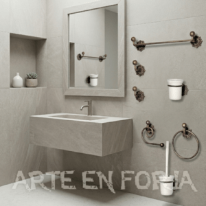 Juego de accesorios de baño de hierro forjado modelo Roseta de Arte en Forja.