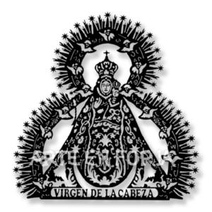 Figura de la virgen de la cabeza de forja en hierro con ropaje calado y aureola para pared o cancela.
