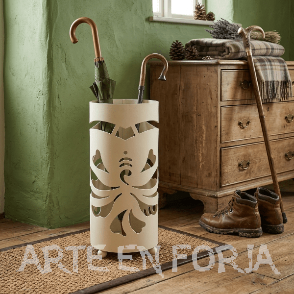 Paragüero de forja modelo Tribal artesanal con diseño étnico en hierro negro.