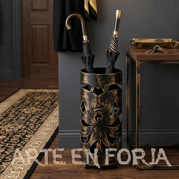 Paragüero de forja modelo Tribal artesanal con diseño étnico en hierro negro.
