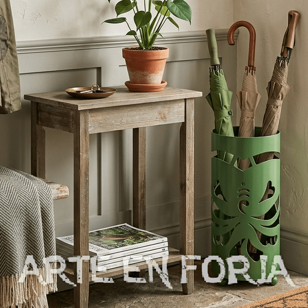 Paragüero de forja modelo Tribal artesanal con diseño étnico en hierro negro.