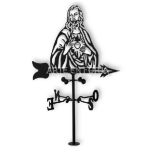 Veleta de hierro Sagrado Corazón instalada sobre el tejado de una casa mostrando la silueta detallada de la iconografía religiosa.