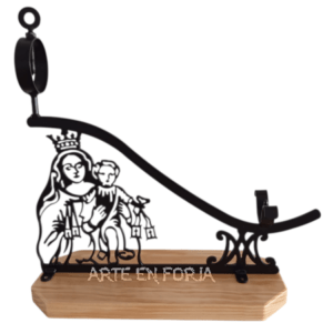 Jamonero forja virgen carmen con base de madera y hierro.