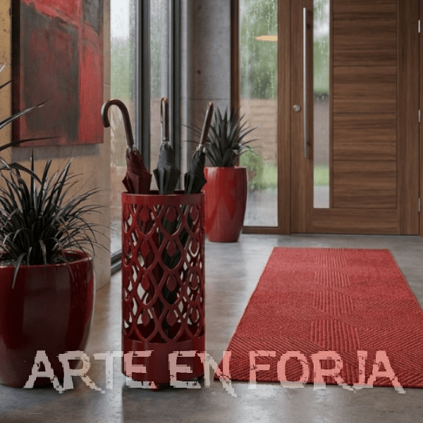 Paragüero de forja artesanal modelo Lágrima con plato recoge-aguas de ARTE EN FORJA.