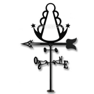 Veleta de hierro negro con silueta detallada de la Virgen del Rocío y puntos cardinales.