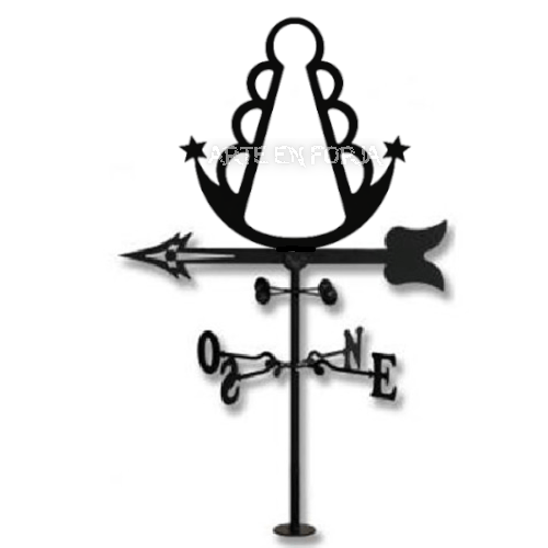 Veleta de hierro negro con silueta detallada de la Virgen del Rocío y puntos cardinales.
