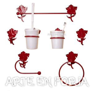 uego accesorios baño Rosa de forja artística negra compuesto por toalleros, perchas y complementos con pletinas en forma de rosa calada.
