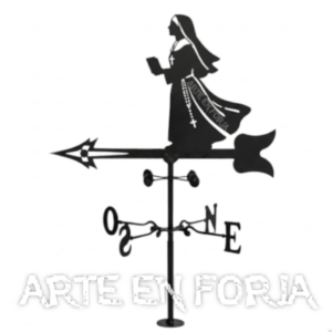 Veleta de hierro monja en color negro con silueta de religiosa con rosario sobre la flecha de los puntos cardinales.